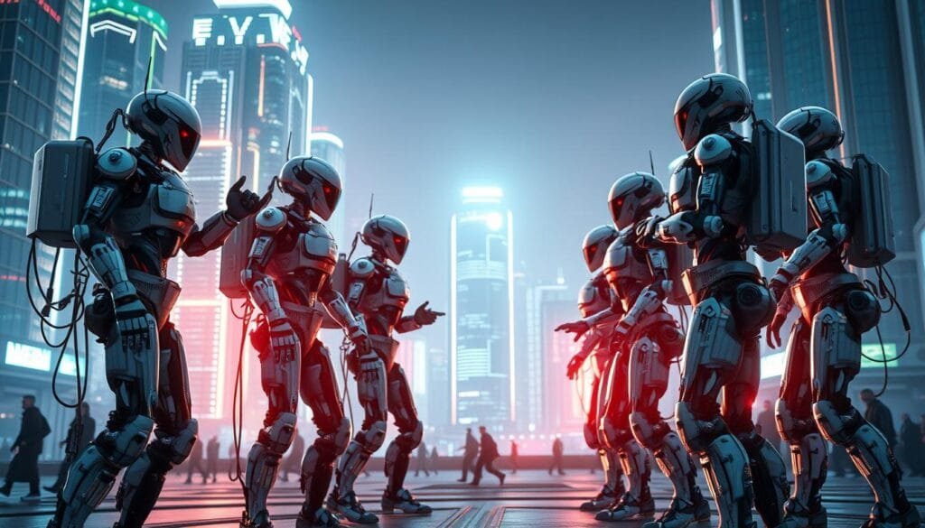 A technologically-enhanced ensemble of cyborgs with diverse functions and capabilities. A vivid foreground showcases their distinctive cybernetic limbs, advanced sensory modules, and specialized utility tools. The middle ground depicts their synchronized movements and cooperative actions, working in tandem to achieve complex tasks. The background hints at a futuristic urban landscape, with gleaming skyscrapers and pulsing neon lights, setting the stage for their advanced technological integration. Dramatic side lighting accentuates their mechanical forms, conveying a sense of power and precision. An atmosphere of seamless human-machine harmony pervades the scene, highlighting the cyborgs' unique purpose and adaptability. A technologically-enhanced ensemble of cyborgs with diverse functions and capabilities. A vivid foreground showcases their distinctive cybernetic limbs, advanced sensory modules, and specialized utility tools. The middle ground depicts their synchronized movements and cooperative actions, working in tandem to achieve complex tasks. The background hints at a futuristic urban landscape, with gleaming skyscrapers and pulsing neon lights, setting the stage for their advanced technological integration. Dramatic side lighting accentuates their mechanical forms, conveying a sense of power and precision. An atmosphere of seamless human-machine harmony pervades the scene, highlighting the cyborgs' unique purpose and adaptability.
