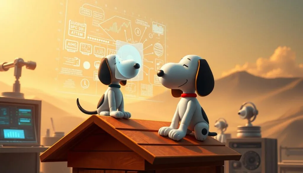 A thoughtful, whimsical portrait of the beloved beagle Snoopy, imbued with the wonders of artificial intelligence. In the foreground, Snoopy sits atop his signature doghouse, his expression one of contemplation and wonder as he examines a holographic display of complex algorithms and data visualizations. The middle ground features a futuristic laboratory setting, with sleek metallic surfaces, glowing panels, and the faint outlines of robotic assistants. The background is a dreamlike landscape, hazy and ethereal, suggesting the limitless possibilities of this fusion of canine and computer. Warm, soft lighting bathes the scene, creating an atmosphere of discovery and inspiration. This unique collaboration between the iconic cartoon character and the cutting edge of technology invites the viewer to ponder the exciting intersections of the natural and the artificial.