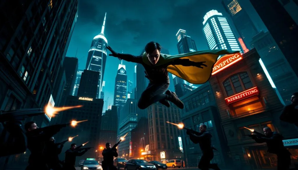 A thrilling action scene with Robin, the legendary crime-fighting vigilante, in the heart of a gritty, neon-lit city. In the foreground, Robin leaps gracefully, his cape billowing behind him as he evades a hail of bullets from armed henchmen. The middle ground features a chaotic urban landscape, with towering skyscrapers, shadowy alleyways, and the ominous presence of a criminal organization's hideout. In the background, the night sky is illuminated by the flickering lights of the city, creating a dramatic, cinematic atmosphere. The lighting is a mix of cool, bluish tones and warm, orange hues, casting dramatic shadows and highlights across the scene. The camera angle is low and dynamic, capturing the intense action from an immersive perspective. A thrilling action scene with Robin, the legendary crime-fighting vigilante, in the heart of a gritty, neon-lit city. In the foreground, Robin leaps gracefully, his cape billowing behind him as he evades a hail of bullets from armed henchmen. The middle ground features a chaotic urban landscape, with towering skyscrapers, shadowy alleyways, and the ominous presence of a criminal organization's hideout. In the background, the night sky is illuminated by the flickering lights of the city, creating a dramatic, cinematic atmosphere. The lighting is a mix of cool, bluish tones and warm, orange hues, casting dramatic shadows and highlights across the scene. The camera angle is low and dynamic, capturing the intense action from an immersive perspective.