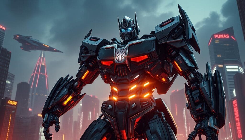 A towering Transformer stands amidst a futuristic cityscape, its metallic frame glimmering under the warm glow of hover-cars and neon-lit skyscrapers. In the background, the sleek silhouette of a spacecraft hovers, hinting at a world beyond the confines of this urban landscape. The Transformer's piercing gaze is fixed on the horizon, as if contemplating its role in this advanced, technologically-driven environment. Intricate details adorn the Transformer's armor, suggesting a complex interplay of form and function. Cinematic lighting casts dramatic shadows, imbuing the scene with a sense of power and grandeur. This is a vision of a futuristic world where humanity and Transformers coexist, a harmonious blend of organic and synthetic.