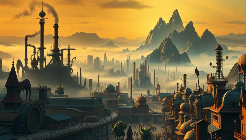 A towering city of twisted spires and industrial chimneys, Monstruópolis rises from a sprawling, fog-shrouded valley. In the foreground, a bustling street bustles with whimsical, monstrous inhabitants, their vibrant colors and unique silhouettes capturing the eccentric spirit of this one-of-a-kind metropolis. The middle ground reveals an intricate skyline of skyscrapers and factories, their facades adorned with intricate, otherworldly patterns. In the distance, the towering peaks of jagged, alien mountains loom, their ominous shadows casting an eerie glow over the entire scene. Warm, diffuse lighting bathes the city in an inviting, dreamlike atmosphere, creating a sense of enchantment and wonder. The overall composition conveys the boundless creativity and imaginative spirit of Monstruópolis, a realm where the fantastical and the industrial coexist in perfect harmony.