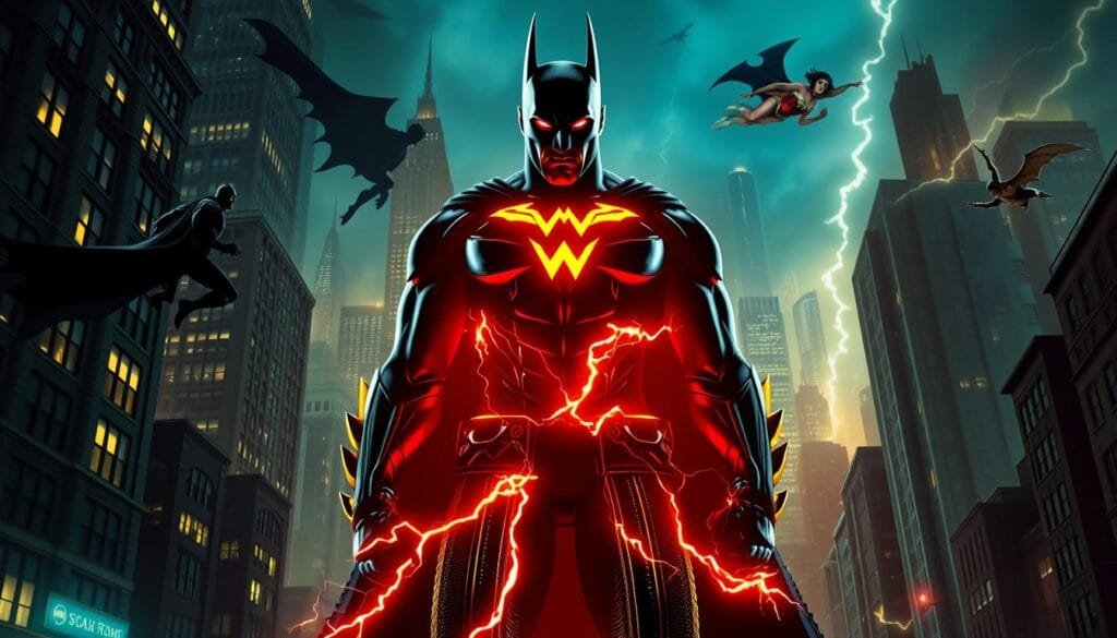 A towering cityscape of Gotham City's iconic skyscrapers and dark alleys, with the silhouettes of Batman, Wonder Woman, and The Flash soaring through the night sky. In the foreground, the imposing figure of Black Adam stands tall, his piercing gaze and electrified fists radiating power. The scene is bathed in a moody, neon-tinged lighting, creating a sense of tension and high-stakes conflict. The overall atmosphere evokes the gritty, larger-than-life essence of the DC Universe, where heroes and villains clash in an epic struggle for the fate of the world.