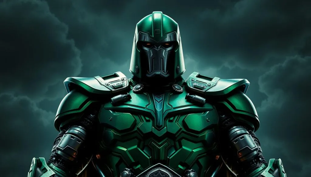 A towering figure, Doctor Doom stands resolute, his deep emerald armor gleaming in the dim, dramatic lighting. Intricate patterns and metallic accents adorn his imposing frame, exuding a sense of power and technological mastery. His gaze, obscured by a rigid, angular mask, conveys an aura of cold, calculated determination. In the background, a stormy, turbulent sky sets the ominous tone, hinting at the villain's formidable abilities. The composition is balanced, with Doom occupying the central focus, surrounded by a sense of foreboding and the weight of his ambition. This AI-generated image captures the essence of the Marvel supervillain, ready to wreak havoc upon the world. A towering figure, Doctor Doom stands resolute, his deep emerald armor gleaming in the dim, dramatic lighting. Intricate patterns and metallic accents adorn his imposing frame, exuding a sense of power and technological mastery. His gaze, obscured by a rigid, angular mask, conveys an aura of cold, calculated determination. In the background, a stormy, turbulent sky sets the ominous tone, hinting at the villain's formidable abilities. The composition is balanced, with Doom occupying the central focus, surrounded by a sense of foreboding and the weight of his ambition. This AI-generated image captures the essence of the Marvel supervillain, ready to wreak havoc upon the world.