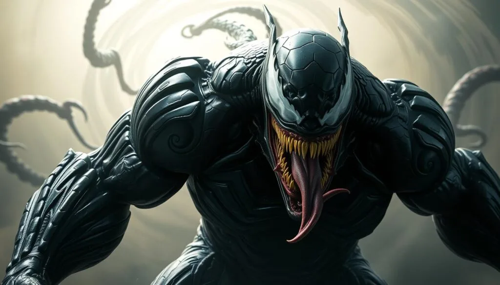 A towering figure, Venom's powerful presence fills the frame, its monstrous form radiating a palpable sense of malice and predatory intent. The alien symbiote's glistening, jet-black skin is etched with sinister patterns, while its razor-sharp fangs and lashing tongue convey a primal, unrestrained ferocity. Dramatic lighting casts deep shadows, heightening the creature's menacing aura, as it looms large in the foreground, its gaze piercing through the viewer with an unsettling intensity. In the background, a swirling, abstract environment evokes a sense of the otherworldly, the boundaries between Venom's alien nature and our own world blurring, creating a captivating and unsettling visual experience.