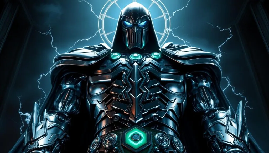 A towering figure of Doctor Doom, his iconic metal-clad armor gleaming with intricate technological details. Arcane symbols and ethereal energy crackle around him, hinting at his mastery of dark sorcery. His imposing presence radiates an aura of power and command, as he stands amidst a dramatic, shadowy backdrop, his piercing gaze fixed upon the viewer. Dramatic lighting casts dramatic shadows, emphasizing the contrast between his technological and mystical prowess. The overall scene evokes a sense of foreboding and the character's formidable abilities as a supervillain.