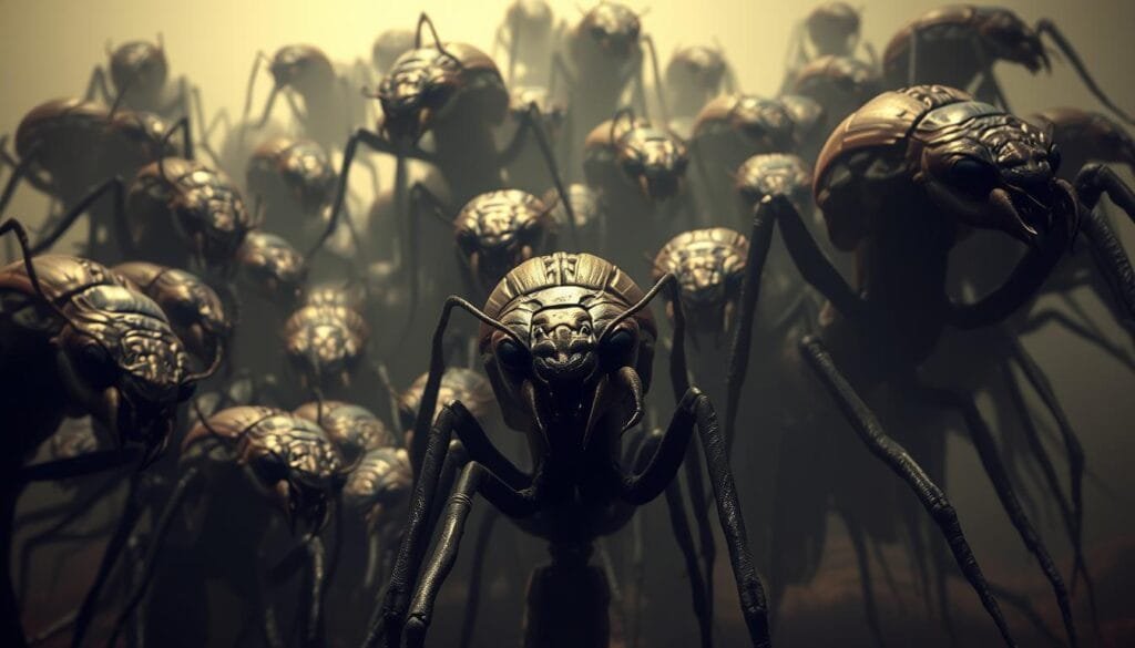 A towering hive of monstrous chimera ants, their hulking forms shrouded in an eerie mist. Shimmering carapaces in shades of brown, green, and grey, their mandibles gnashing with primal ferocity. Sinister eyes peer from shadowy recesses, conveying a chilling intelligence. In the foreground, a lone ant queen looms, her regal presence commanding attention. The background is a blurred, otherworldly landscape, hinting at the vast, untamed wilderness these creatures inhabit. Dramatic chiaroscuro lighting casts dramatic shadows, heightening the sense of tension and foreboding. An unnerving, dreamlike atmosphere permeates the scene, capturing the unsettling essence of the Chimera Ant arc.