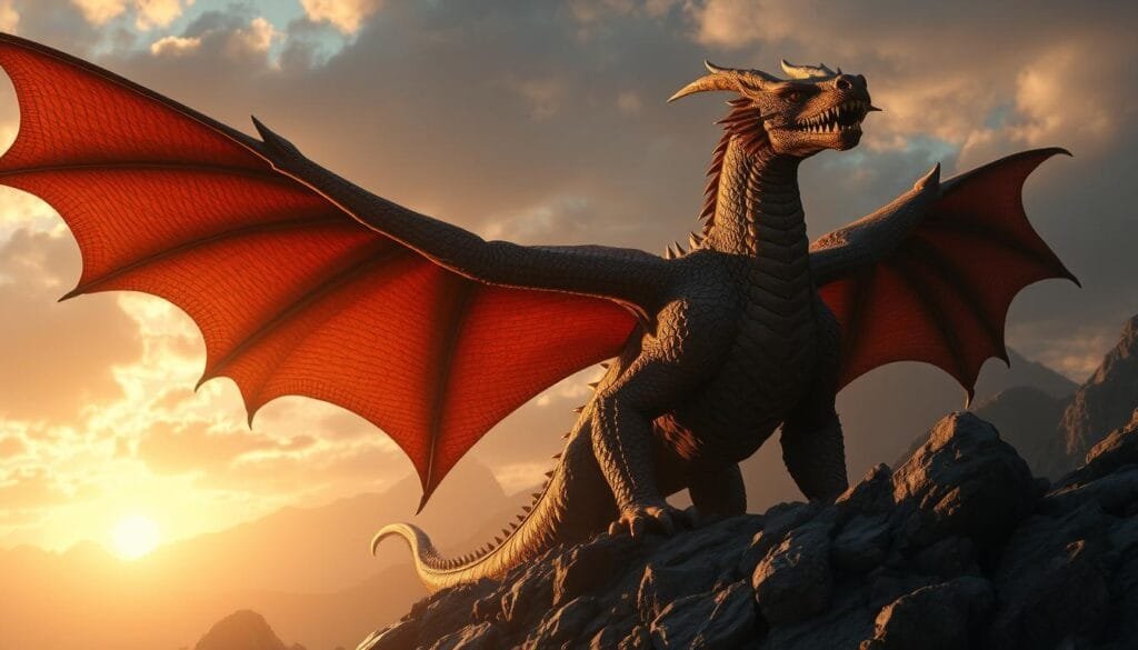 A towering, majestic dragon from the world of House of the Dragon, its scales shimmering in the warm, golden light of the setting sun. The creature's wings are outstretched, casting dramatic shadows across the rocky, mountainous terrain below. Its fearsome visage is etched in fierce determination, its gaze piercing into the distance. The dragon's muscular body is poised for flight, the tension in its haunches hinting at its immense power and speed. In the background, a dramatic, cloud-filled sky adds to the sense of grandeur and epic scale. The overall scene conveys the raw, primal power and awe-inspiring presence of these legendary beasts that are central to the world of House of the Dragon.