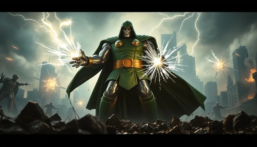 A towering, metallic figure stands amid a swirling maelstrom of battle, his formidable cloak billowing in the wind. Doctor Doom, garbed in his iconic green armor, unleashes a barrage of energy blasts from his gauntlets, his expression unwavering as he stares down his foes. The ground trembles beneath his feet, and the sky above is rent with the crackling discharge of his powers. In the foreground, rubble and debris scatter across a devastated cityscape, while in the distance, the silhouettes of other combatants can be seen engaged in their own epic confrontations. The lighting is dramatic, casting harsh shadows and highlights that accentuate the drama of the scene. Captured from a low, cinematic angle, this image conveys the sheer scale and intensity of Doctor Doom's battle, showcasing his unparalleled power and the gravity of the confrontation. A towering, metallic figure stands amid a swirling maelstrom of battle, his formidable cloak billowing in the wind. Doctor Doom, garbed in his iconic green armor, unleashes a barrage of energy blasts from his gauntlets, his expression unwavering as he stares down his foes. The ground trembles beneath his feet, and the sky above is rent with the crackling discharge of his powers. In the foreground, rubble and debris scatter across a devastated cityscape, while in the distance, the silhouettes of other combatants can be seen engaged in their own epic confrontations. The lighting is dramatic, casting harsh shadows and highlights that accentuate the drama of the scene. Captured from a low, cinematic angle, this image conveys the sheer scale and intensity of Doctor Doom's battle, showcasing his unparalleled power and the gravity of the confrontation.