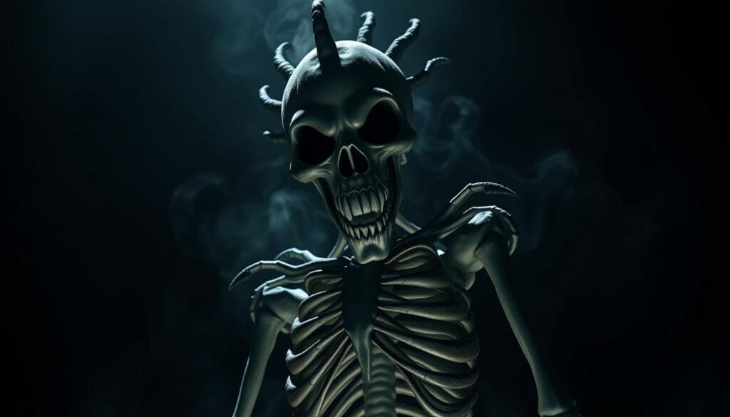 A towering, skeletal Shinigami figure, Ryuk, stands against a dark, foreboding backdrop. His sunken eyes gleam with a sinister light, and his jagged, toothy grin exudes a malevolent presence. Wispy, ethereal shadows swirl around him, hinting at his supernatural origins. Dramatic lighting casts deep, ominous shadows, emphasizing the sharp angles of his bony form. The atmosphere is one of unsettling power and otherworldly menace, capturing the essence of this Death Note deity.