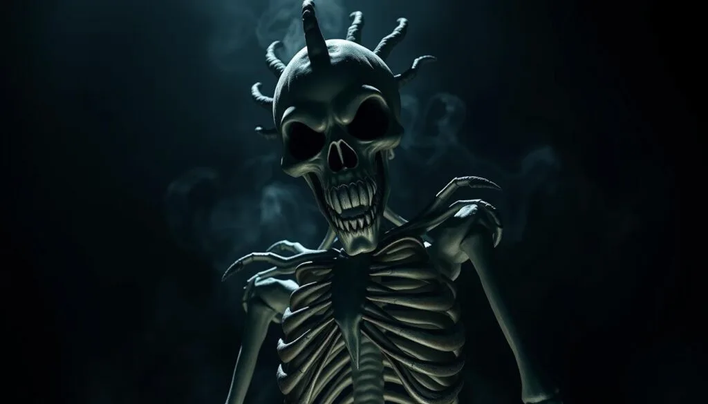 A towering, skeletal Shinigami figure, Ryuk, stands against a dark, foreboding backdrop. His sunken eyes gleam with a sinister light, and his jagged, toothy grin exudes a malevolent presence. Wispy, ethereal shadows swirl around him, hinting at his supernatural origins. Dramatic lighting casts deep, ominous shadows, emphasizing the sharp angles of his bony form. The atmosphere is one of unsettling power and otherworldly menace, capturing the essence of this Death Note deity.