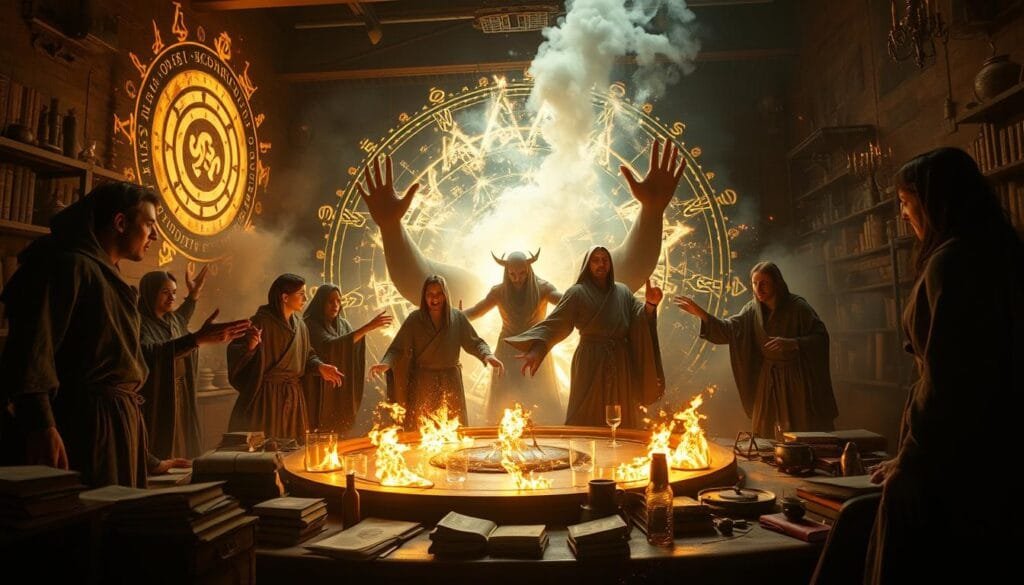 A transmutation circle gone awry, glowing runes and alchemical symbols swirling in a chaotic dance. Alchemists in tattered robes, faces contorted in dismay, as their ritual collapses into a nightmarish maelstrom of energy. Shadowy entities emerging from the rift, their forms indistinct and unsettling. A laboratory in disarray, books and equipment scattered, smoke and sparks filling the air. The scene bathed in an eerie, otherworldly light, the mood one of tension and foreboding. Cinematic, high-contrast lighting accentuates the drama, with dramatic camera angles and a tight, claustrophobic framing to heighten the sense of peril. The overall impression is one of the consequences of hubris and the perils of alchemical experimentation gone awry.