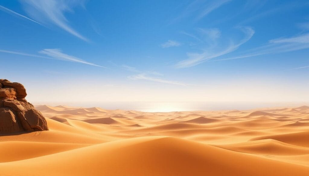 A vast, arid desert landscape in Agrabah, the fictional city from Aladdin. The foreground features rolling sand dunes bathed in warm, golden sunlight, with the occasional weathered rock formation casting long shadows. In the middle ground, a shimmering mirage effect creates the illusion of a distant oasis. The background is dominated by a hazy blue sky, peppered with wispy cirrus clouds. The overall atmosphere is one of tranquility and timelessness, capturing the essence of the enchanting Arabian setting.