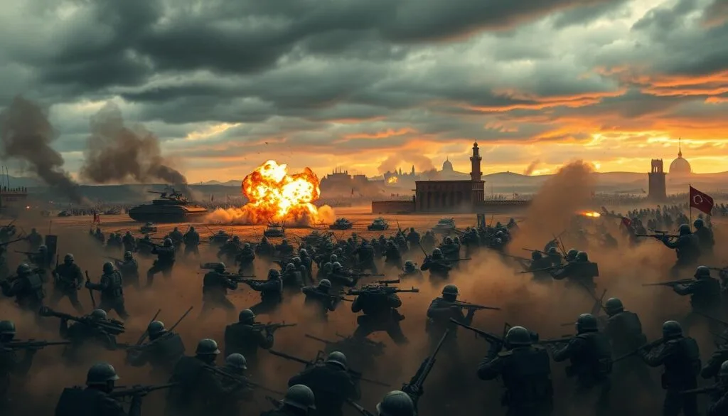 A vast battlefield stretches out, smoke and dust swirling in the air. In the foreground, heavily armored soldiers clash in an intense melee, their weapons clashing with thunderous roars. Explosions erupt in the middle distance, artillery shells raining down as tanks rumble across the terrain. In the background, towering structures stand steadfast, their ancient architecture contrasting with the modern machinery of war. The sky above is a dramatic blend of stormy grays and fiery oranges, creating an ominous atmosphere that heightens the sense of epic conflict. Dramatic lighting casts sharp shadows, highlighting the grim determination on the soldiers' faces as they fight for their lives. The scene is captured with a wide, cinematic angle, immersing the viewer in the chaos and grandeur of this climactic battle.