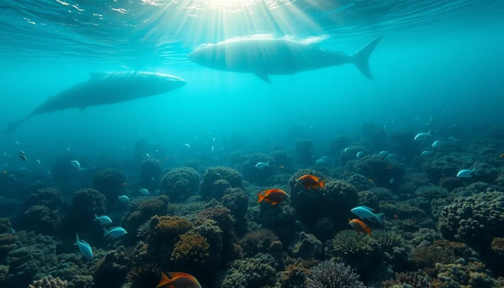 A vast, breathtaking underwater world of the Na'vi people, bathed in shimmering azure hues. Lush coral reefs and bioluminescent kelp forests sway gently in the currents, as schools of vibrant tropical fish dart through the crystalline waters. In the distance, the silhouettes of massive whale-like creatures breach the surface, their powerful forms casting long shadows across the scene. Beams of sunlight pierce the waves, casting a warm, dreamlike glow over the ethereal landscape. The camera angles capture the scale and depth of this alien yet captivating environment, inviting the viewer to become immersed in its wondrous beauty.