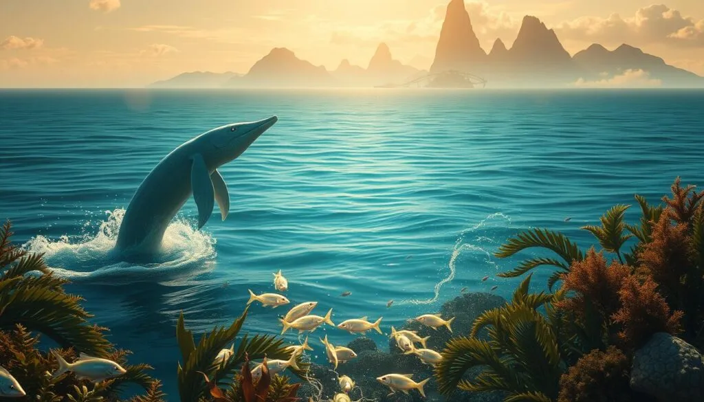 A vast, cerulean ocean with gently swaying kelp forests and schools of iridescent fish. In the foreground, a majestic tulkun, its sleek, aquamarine body gracefully breaching the surface, water cascading off its broad, fin-like tail. Ethereal, bioluminescent creatures drift through the middleground, their delicate tentacles trailing luminous strands. In the background, the lush, floating islands of Pandora rise, their towering, floating mountains capped with wispy clouds, bathed in warm, golden light filtered through the atmosphere. The scene exudes a sense of wonder, tranquility, and the awe-inspiring beauty of Pandora's marine ecosystems.