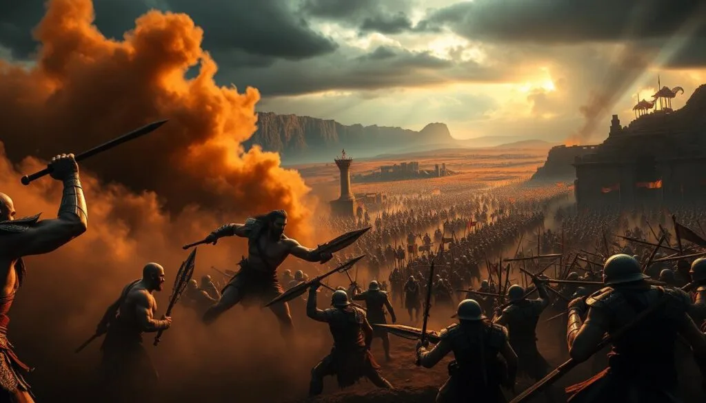 A vast, epic battlefield comes alive with the clash of legendary warriors. In the foreground, muscular combatants wielding massive, ornate weapons engage in a brutal melee, their faces etched with determined ferocity. Billowing clouds of dust and smoke swirl around them, illuminated by warm, dramatic lighting casting dramatic shadows. In the middle ground, legions of armored soldiers charge into the fray, their weapons raised high. The background is a sweeping landscape of rocky cliffs, crumbling ruins, and a ominous, stormy sky, creating a sense of ancient grandeur and peril. This is a scene of God of War, where the gods themselves seem to watch over the titanic struggle unfolding.
