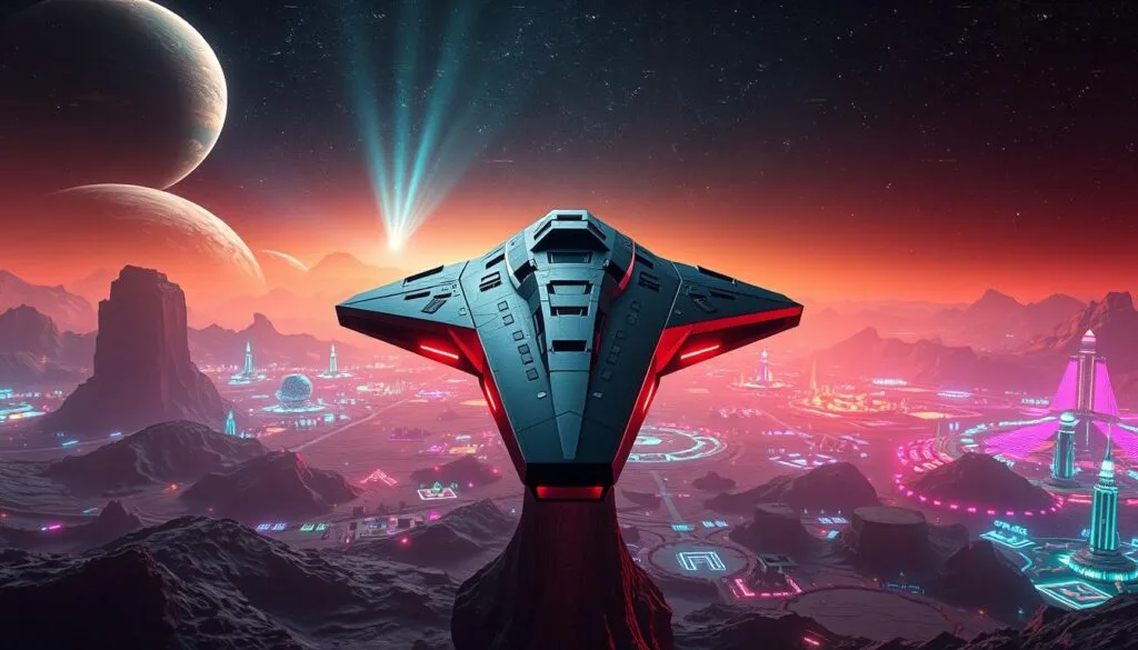 A vast, expansive virtual universe, reminiscent of an advanced, retro-futuristic video game. In the foreground, the sleek, intimidating silhouette of the USS Callister, a powerful starship with a distinctive angular design and a metallic sheen. The ship is positioned at the center, commanding attention. The middle ground is filled with a diverse array of alien landscapes, from rugged, neon-hued planets to vibrant, holographic cityscapes. Intricate details and vibrant colors create a sense of technological grandeur and immersion. In the background, a vast, starry expanse fills the sky, with swirling nebulae and glowing anomalies. The lighting is dramatic, with beams of energy and pulsing lights emanating from the ship and the surrounding environment, evoking a sense of power and futuristic wonder. The overall atmosphere is one of awe-inspiring scale, technological sophistication, and a hint of the sinister undertones that permeate the world of Black Mirror.