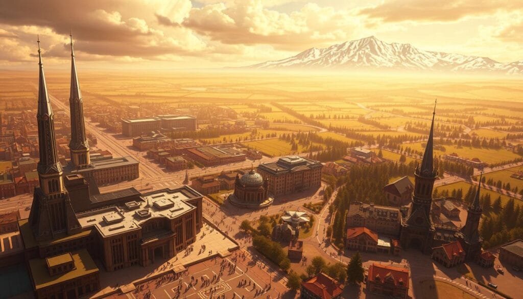 A vast, fantastical landscape of the Fullmetal Alchemist world. In the foreground, the majestic Central Command of Amestris, its towering spires and gleaming metallic façade standing as a symbol of the country's military power. Surrounding it, the bustling streets of Central City, with its diverse array of shops, restaurants, and citizens going about their daily lives. In the middle ground, the rolling hills and lush forests of the Resembool countryside, the tranquil home of the Elric brothers. And in the distance, the imposing, snow-capped peaks of the Briggs Mountains, guarding the northern border. The scene is bathed in warm, golden light, creating an atmospheric and dreamlike quality. The overall impression is one of a rich, vibrant world, full of history, intrigue, and the alchemical wonders that define the Fullmetal Alchemist universe.