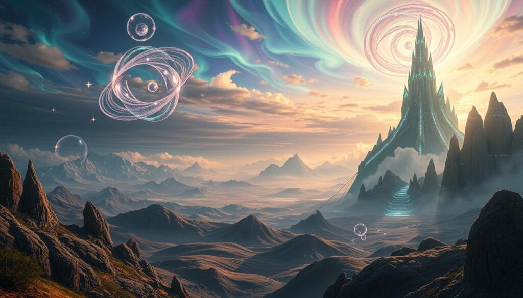 A vast, fantastical world of boundless imagination, where surreal landscapes intertwine with ethereal elements. In the foreground, a towering, otherworldly structure rises majestically, its intricate architecture blending seamlessly with the natural environment. Swirling energy fields and glowing orbs dance around the edifice, casting a mesmerizing glow. In the middle ground, rolling hills and towering mountains stretch out, their peaks capped with shimmering crystalline formations. The sky above is a kaleidoscope of vibrant hues, with wispy clouds and shimmering aurora-like phenomena illuminating the scene. The overall mood is one of awe-inspiring wonder, inviting the viewer to lose themselves in this captivating, fantastical realm.