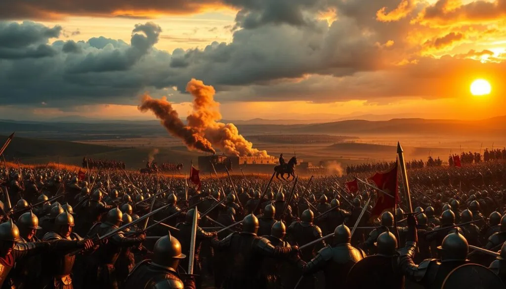A vast medieval battlefield, the clash of steel echoes across the landscape. In the foreground, warriors in gleaming armor clash with swords and spears, their faces etched with fierce determination. In the middle ground, plumes of smoke rise from catapults and trebuchets, as archers rain down arrows upon the enemy. The background is a panorama of rolling hills and distant mountains, the sky ablaze with the fiery glow of the setting sun, casting an ominous and dramatic atmosphere over the scene. Cinematic lighting illuminates the action, creating deep shadows and highlights that accentuate the brutality and intensity of the battle. The entire composition conveys a sense of grand, sweeping epic, capturing the scale and drama of a pivotal moment in a legendary conflict.