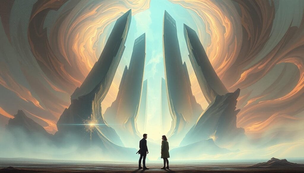 A vast, otherworldly landscape of swirling, ethereal hues and cascading energy flows. In the foreground, two figures stand facing each other, their expressions and body language suggesting a profound connection or confrontation. The middle ground is dominated by looming, abstract structures that seem to defy the laws of physics, their forms shifting and blending into the ethereal atmosphere. The background is a kaleidoscope of intersecting planes and fractured dimensions, hinting at the infinite possibilities of parallel universes. Soft, ambient lighting bathes the scene, creating a sense of mystery and wonder. Capture this scene with a cinematic, wide-angle lens, emphasizing the grandiose scale and dreamlike quality of the "universos paralelos".