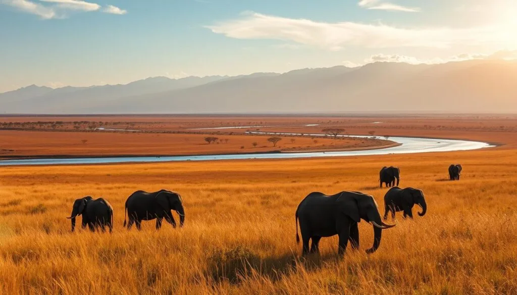 A vast, sprawling savanna landscape bathed in the warm glow of the African sun. In the foreground, a herd of majestic elephants gently grazes amidst the tall, swaying grass. In the middle ground, a winding river reflects the azure sky, its banks dotted with clusters of acacia trees. The distant horizon is dominated by the silhouettes of towering, snow-capped mountains, their peaks shrouded in wispy clouds. The scene exudes a sense of tranquility and timelessness, capturing the essence of the untamed, untamed beauty of the African savanna. Shoot with a wide-angle lens to convey the expansive scale of the environment, using soft, diffused lighting to create a warm, golden-hour ambiance. A vast, sprawling savanna landscape bathed in the warm glow of the African sun. In the foreground, a herd of majestic elephants gently grazes amidst the tall, swaying grass. In the middle ground, a winding river reflects the azure sky, its banks dotted with clusters of acacia trees. The distant horizon is dominated by the silhouettes of towering, snow-capped mountains, their peaks shrouded in wispy clouds. The scene exudes a sense of tranquility and timelessness, capturing the essence of the untamed, untamed beauty of the African savanna. Shoot with a wide-angle lens to convey the expansive scale of the environment, using soft, diffused lighting to create a warm, golden-hour ambiance.
