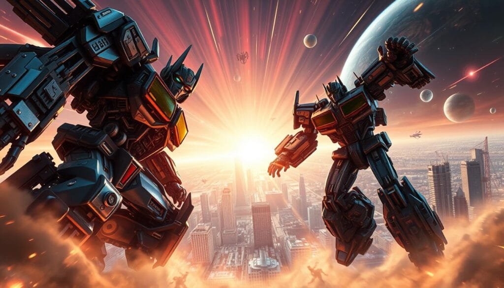 A vast, transforming landscape of gleaming metal and intricate machinery, bathed in a warm, cinematic glow. In the foreground, the iconic silhouettes of Autobots and Decepticons clash in an epic battle, their forms shifting and morphing with fluid, mesmerizing motion. The middle ground is a sprawling cityscape of towering skyscrapers and bridges, rendered in a sleek, high-tech aesthetic. In the background, a stunning vista of alien worlds and celestial phenomena, the sky ablaze with streaks of light and energy. The scene is captured with a wide, cinematic lens, emphasizing the grand scale and breathtaking spectacle of the Transformers universe. A sense of awe, power, and technological wonder permeates the image, immersing the viewer in the extraordinary world of these legendary mechanical beings.