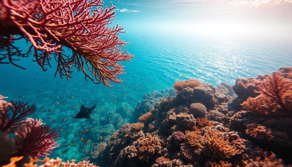 A vast, vibrant underwater seascape teeming with life. In the foreground, the intricate coral formations of the Gran Barrera de Coral, with its striking hues of pink, purple, and gold. Shoals of tropical fish dart between the delicate branches, creating a mesmerizing dance of color and movement. The middle ground reveals the shimmering blue-green waters, their clarity allowing glimpses of the seafloor below. Rays and small sharks glide effortlessly through the currents. In the distance, the horizon fades into a hazy, sun-dappled expanse, the surface of the ocean gently rippling. Warm, diffused lighting filters through the water, casting a serene, ethereal atmosphere over the entire scene. Captured with a wide-angle lens to emphasize the scale and grandeur of this underwater wonderland. A vast, vibrant underwater seascape teeming with life. In the foreground, the intricate coral formations of the Gran Barrera de Coral, with its striking hues of pink, purple, and gold. Shoals of tropical fish dart between the delicate branches, creating a mesmerizing dance of color and movement. The middle ground reveals the shimmering blue-green waters, their clarity allowing glimpses of the seafloor below. Rays and small sharks glide effortlessly through the currents. In the distance, the horizon fades into a hazy, sun-dappled expanse, the surface of the ocean gently rippling. Warm, diffused lighting filters through the water, casting a serene, ethereal atmosphere over the entire scene. Captured with a wide-angle lens to emphasize the scale and grandeur of this underwater wonderland.
