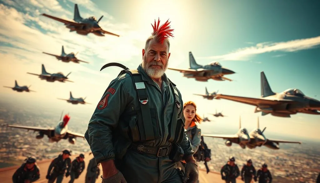 A vibrant aerial scene featuring a weathered, veteran pilot - Rooster - surrounded by a dynamic group of young, ambitious aviators. In the foreground, Rooster stands tall in his flight suit, his gaze steely and experienced. The young pilots, their faces alight with determination, cluster around him, eager to learn from his wisdom. The mid-ground is dominated by sleek, state-of-the-art fighter jets, their silhouettes cutting through a brilliant azure sky. Dramatic lighting casts dynamic shadows, heightening the sense of motion and energy. In the background, a sprawling military airbase serves as the backdrop, hinting at the high-stakes world of modern aerial combat. An atmosphere of camaraderie, anticipation, and the thrill of pushing the boundaries of human flight permeates the scene.
