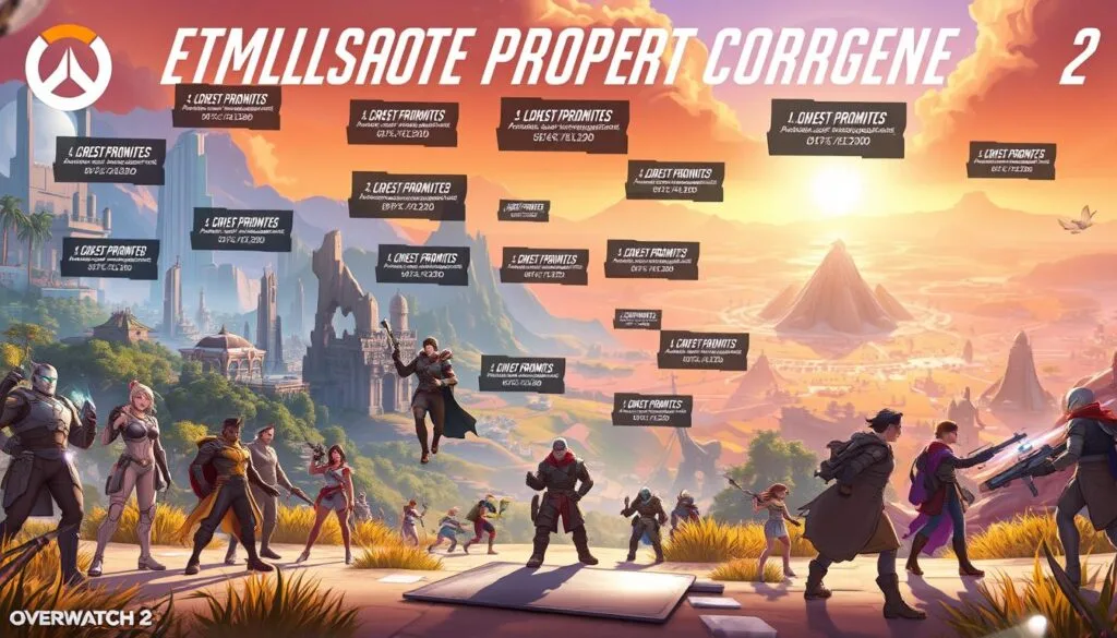 A vibrant and detailed illustration depicting "Ejemplos de Prompts Corregidos para Overwatch2". The foreground features a group of Overwatch 2 characters in their signature poses, each with carefully crafted prompts floating above them. The middle ground showcases a variety of Overwatch 2 environments, from futuristic cityscapes to lush natural landscapes, with prompts creatively integrated into the scene. The background displays a grand, cinematic view of the Overwatch 2 world, bathed in warm, dramatic lighting that enhances the mood. The overall composition conveys a sense of harmony, balance, and the power of well-crafted prompts to bring the Overwatch 2 universe to life through AI-generated imagery.