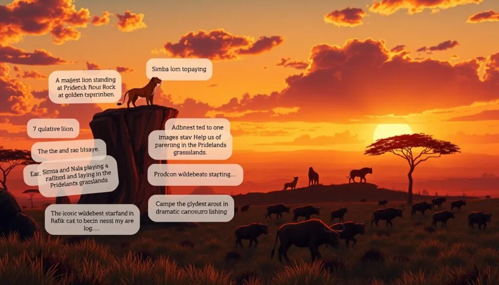 A vibrant and detailed scene depicting examples of prompts for creating images inspired by the classic film "The Lion King". In the foreground, a group of text prompts hover in a whimsical, layered arrangement, showcasing a variety of descriptive elements like "a majestic lion standing atop Pride Rock at golden hour", "Simba and Nala playing in the Pridelands grasslands", and "the iconic wildebeest stampede in dramatic chiaroscuro lighting". The middle ground features a lush, painterly landscape with the distinctive silhouettes of iconic characters like Mufasa, Scar, and Rafiki, while the background depicts a sweeping vista of the African savanna at sunset, bathed in warm, golden tones. The overall mood is one of nostalgic wonder, capturing the timeless magic of "The Lion King" through the lens of AI-generated imagery. A vibrant and detailed scene depicting examples of prompts for creating images inspired by the classic film "The Lion King". In the foreground, a group of text prompts hover in a whimsical, layered arrangement, showcasing a variety of descriptive elements like "a majestic lion standing atop Pride Rock at golden hour", "Simba and Nala playing in the Pridelands grasslands", and "the iconic wildebeest stampede in dramatic chiaroscuro lighting". The middle ground features a lush, painterly landscape with the distinctive silhouettes of iconic characters like Mufasa, Scar, and Rafiki, while the background depicts a sweeping vista of the African savanna at sunset, bathed in warm, golden tones. The overall mood is one of nostalgic wonder, capturing the timeless magic of "The Lion King" through the lens of AI-generated imagery.