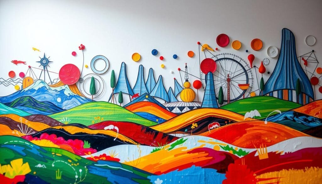 A vibrant and diverse collection of artistic styles, ranging from expressive brushstrokes to abstract geometries, fills the frame. In the foreground, bold impressionist landscapes come to life, their vibrant colors and textured surfaces evoking a sense of movement and emotion. In the middle ground, sleek and minimalist line art forms a captivating interplay of shapes and negative space. And in the background, a kaleidoscope of surreal, dreamlike elements blends seamlessly, creating a sense of wonder and imagination. The lighting is soft and diffused, lending a sense of depth and atmosphere to the scene. The overall composition is carefully balanced, guiding the viewer's eye through the various artistic styles and techniques on display.