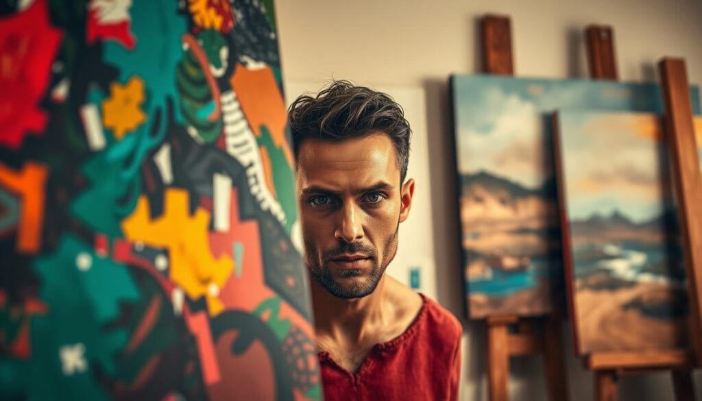 A vibrant and diverse display of artistic styles, showcasing a captivating fusion of mediums and techniques. In the foreground, a bold and expressive abstract painting with dynamic brushstrokes and a rich color palette, evoking a sense of movement and emotion. In the middle ground, a detailed and photorealistic portrait, the subject's gaze piercing through the frame with a palpable intensity. In the background, a dreamlike landscape painting with soft, impressionistic brushwork, creating a sense of depth and tranquility. Warm, diffused lighting illuminates the scene, casting a warm, inviting atmosphere. Captured through a wide-angle lens, the composition draws the viewer's eye to the harmonious interplay of these distinct artistic expressions.