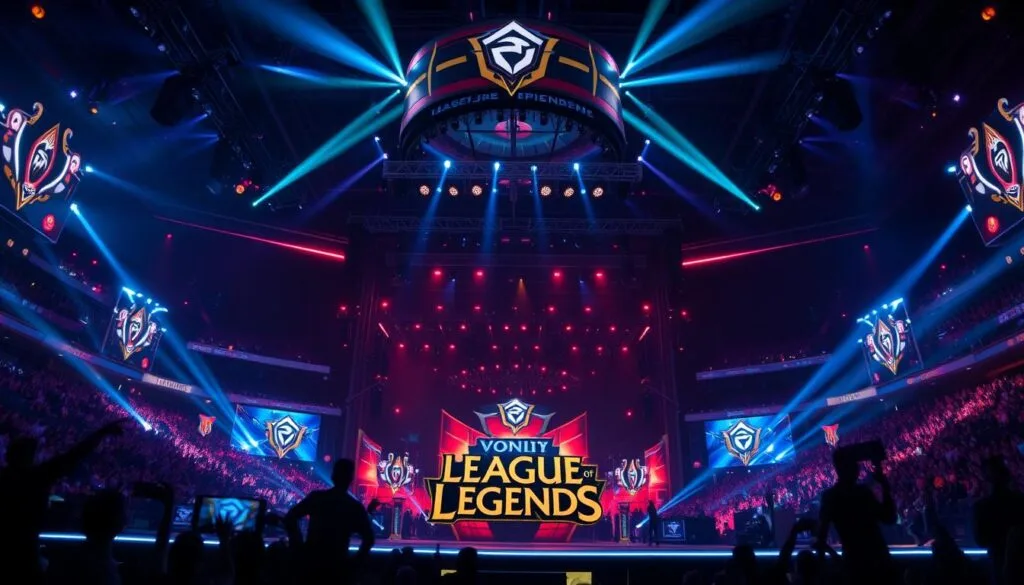 A vibrant and dynamic arena filled with the iconic champions and symbols of the League of Legends universe. In the foreground, the game's logo and key event elements such as trophies, banners, and podiums take center stage, casting an aura of competitive energy. The middle ground features the silhouettes of cheering crowds and flashing lights, conveying the electric atmosphere of a live event. The background sets the scene with a backdrop of futuristic architecture, glowing neon accents, and a moody, atmospheric lighting that immerses the viewer in the high-stakes world of League of Legends esports. The overall composition exudes a sense of excitement, anticipation, and the thrill of championship competition.