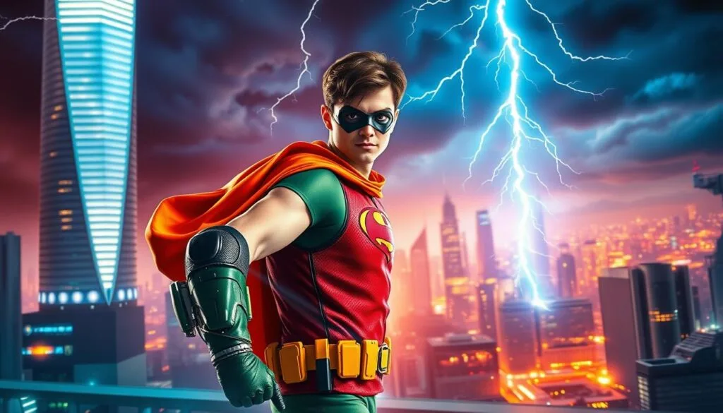 A vibrant and dynamic illustration of advanced prompt engineering techniques for creating captivating images of the iconic character Robin. The foreground features Robin in a heroic pose, donning a bold and colorful costume with intricate details. The middle ground showcases a futuristic cityscape, with towering skyscrapers and a gleaming, neon-lit skyline. In the background, a dramatic storm rages, with lightning bolts illuminating the scene and adding a sense of intensity and power. The lighting is a harmonious blend of warm and cool tones, creating a visually striking and cinematic atmosphere. The overall composition is carefully balanced, drawing the viewer's eye towards the central figure of Robin, who stands as a beacon of strength and innovation in the realm of AI-generated imagery. A vibrant and dynamic illustration of advanced prompt engineering techniques for creating captivating images of the iconic character Robin. The foreground features Robin in a heroic pose, donning a bold and colorful costume with intricate details. The middle ground showcases a futuristic cityscape, with towering skyscrapers and a gleaming, neon-lit skyline. In the background, a dramatic storm rages, with lightning bolts illuminating the scene and adding a sense of intensity and power. The lighting is a harmonious blend of warm and cool tones, creating a visually striking and cinematic atmosphere. The overall composition is carefully balanced, drawing the viewer's eye towards the central figure of Robin, who stands as a beacon of strength and innovation in the realm of AI-generated imagery.