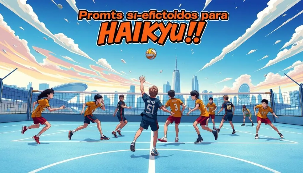 A vibrant and dynamic illustration of the title "Prompts efectivos para Haikyu!!". The foreground features a group of volleyball players in action, their energetic poses capturing the spirit of the popular anime series. The players are rendered in a bold, expressive style, with sharp details and vivid colors that bring the scene to life. The middle ground showcases a stylized court, with clean lines and a textured surface that suggests the high-intensity gameplay. In the background, a sweeping cityscape with futuristic architectural elements sets the scene, hinting at the technological advancements that enable the creation of such powerful AI-generated imagery. The overall composition conveys a sense of motion, power, and the synergy between human performance and technological innovation.