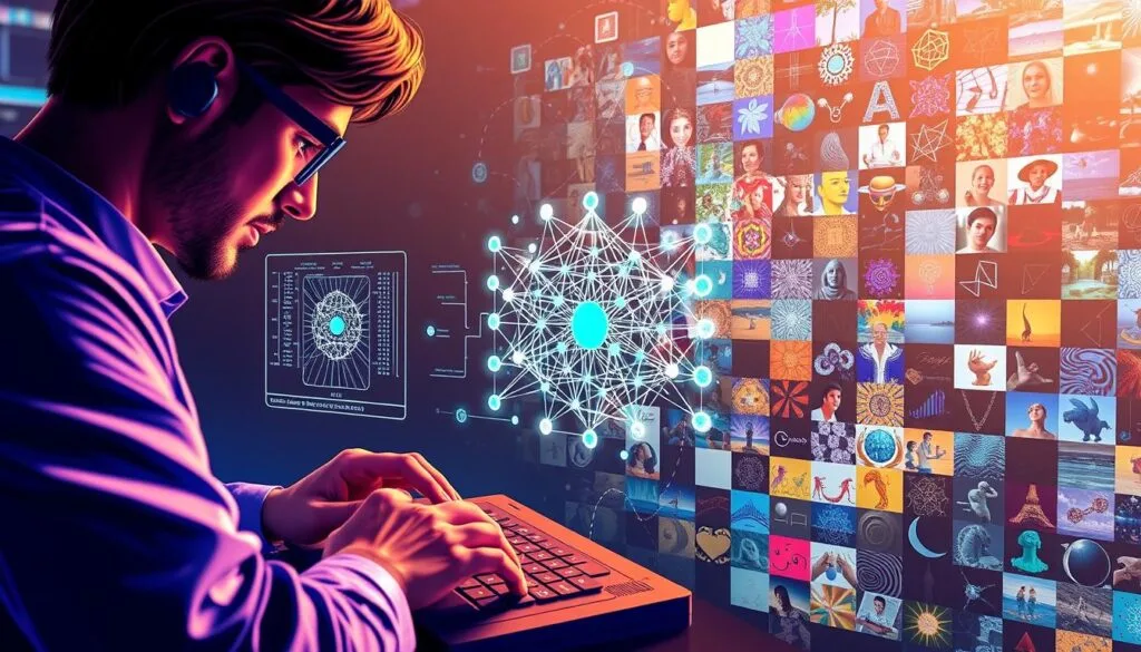 A vibrant and dynamic illustration showcasing the optimization of prompts for AI image generation. In the foreground, a skilled human prompt engineer meticulously crafts a prompt on a futuristic digital interface, their fingers dancing across a holographic keyboard. The middle ground features a Stable Diffusion model processing the prompt, with intricate neural network diagrams and data visualizations swirling around it. In the background, a mosaic of diverse AI-generated images emerges, each reflecting the nuances and capabilities of the optimized prompt. The scene is bathed in a warm, almost ethereal lighting, conveying a sense of innovative exploration and creative potential. The overall mood is one of discovery, mastery, and the endless possibilities of AI-powered image creation.