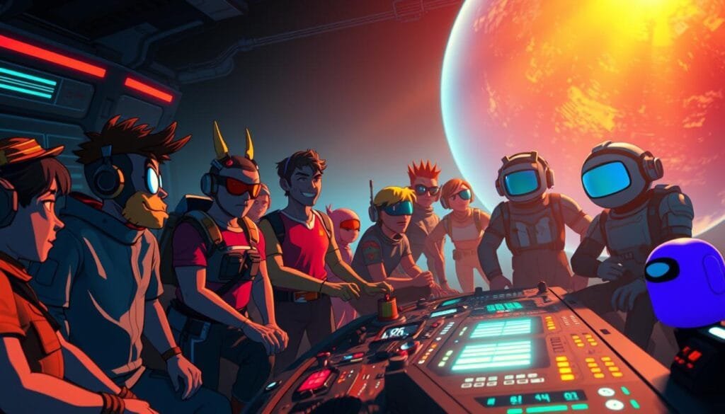A vibrant and dynamic scene of the popular game Among Us unfolds, with a crew of quirky, colorful characters gathered around a futuristic control panel. The lighting is a captivating blend of warm and cool tones, casting dramatic shadows that heighten the sense of mystery and suspense. The foreground features the crewmates in various poses, their expressions and body language conveying the tension and camaraderie of the game. The middle ground showcases the intricate details of the control panel, with its array of blinking lights and sleek, high-tech interfaces. In the background, a vast, ethereal space opens up, hinting at the vast, interconnected world of the game. The overall atmosphere is one of immersion, intrigue, and the thrill of the chase, perfectly capturing the essence of Among Us.