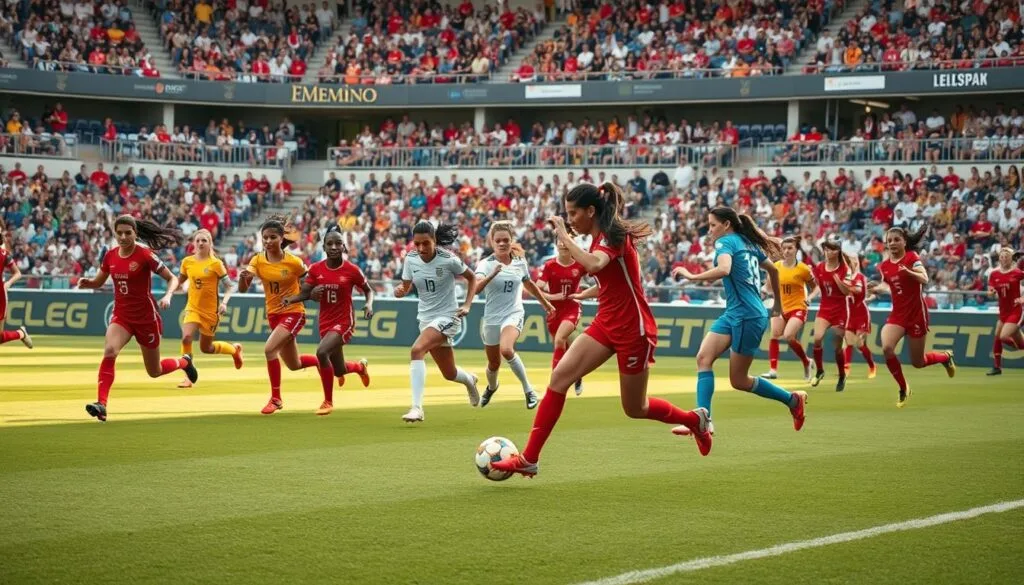 A vibrant and dynamic scene of women's soccer in action. In the foreground, a diverse group of female players in colorful uniforms fiercely compete for the ball, their movements captured in a blur of motion. The midfield is a sea of energy, with players sprinting, dribbling, and passing with precision. In the background, a packed stadium of enthusiastic fans cheers them on, creating an electrifying atmosphere. The lighting is warm and natural, highlighting the athletes' determination and skill. The camera angle is slightly elevated, providing a panoramic view of the match, emphasizing the power and grace of the women's game. An inspirational visual embodiment of the passion, athleticism, and camaraderie that defines "Fútbol Femenino".
