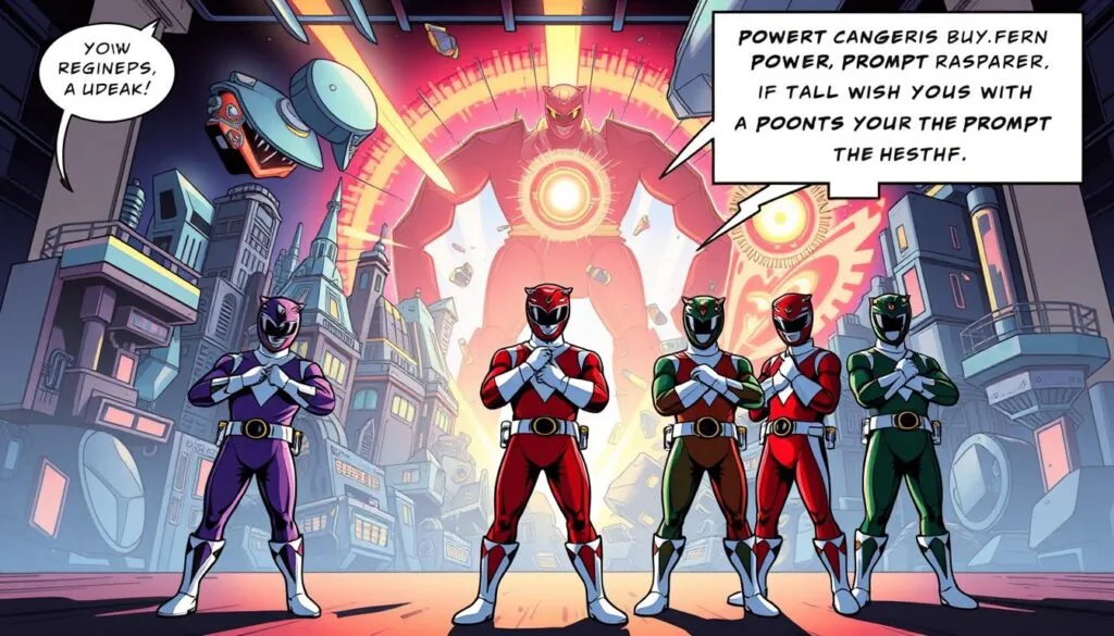 A vibrant and dynamic scene showcasing common errors in Power Rangers prompts. In the foreground, a group of Power Rangers in their iconic costumes stand perplexed, their poses and expressions exaggerated and comical. Behind them, a chaotic jumble of mismatched visual elements - a giant robot, a futuristic cityscape, and a swirling portal of energy - illustrate the pitfalls of overloading a prompt with too many conflicting ideas. The lighting is dramatic, with bold contrasts of shadow and highlight, lending an almost cinematic quality to the image. The overall mood is one of playful exaggeration, inviting the viewer to chuckle at the imaginative missteps of the prompt engineer. The scene is rendered with a stylized, comic book-inspired aesthetic, capturing the spirit of the Power Rangers franchise.