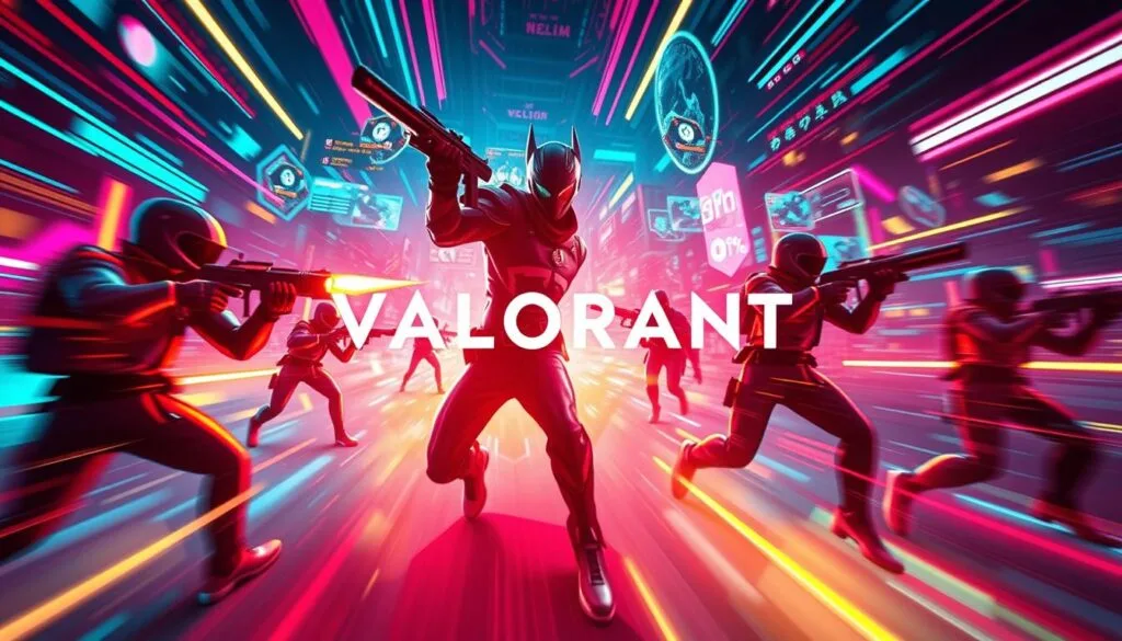 A vibrant and dynamic social media content showcase for Valorant, featuring sleek gaming visuals, bold color palettes, and a captivating sense of motion. In the foreground, striking in-game character poses and weapon flourishes command attention, while the middle ground showcases dynamic UI elements, user interface overlays, and immersive game environments. The background layers in subtle neon gradients, subtle textures, and digital patterns that evoke the cyberpunk aesthetic of the Valorant universe. Cinematic lighting and a cinematic camera angle create a sense of depth and drama, elevating the content to a level of high-impact visual storytelling.