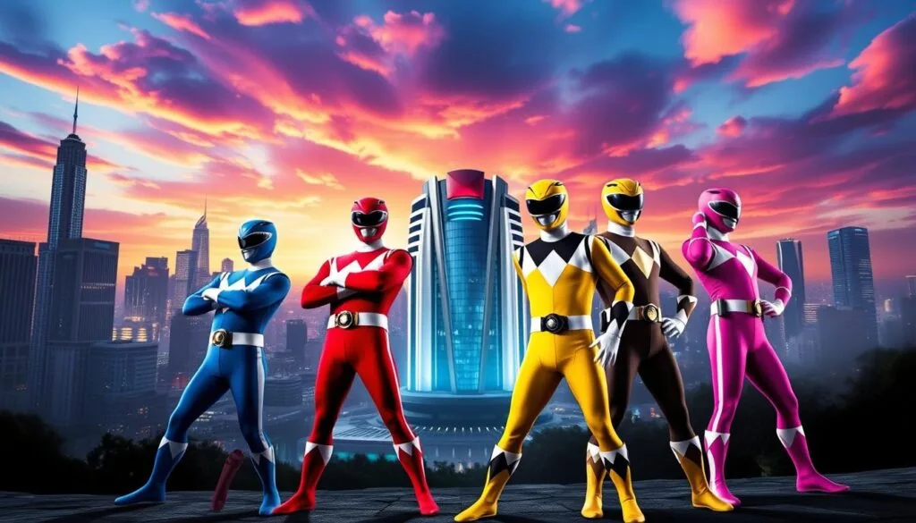 A vibrant and dynamic team of five Power Rangers, clad in their iconic costumes, stands heroically in the foreground. The bold colors of their uniforms - red, blue, yellow, black, and pink - create a striking visual contrast. Their poses convey a sense of unity, strength, and determination as they prepare to defend their city. In the middle ground, the Power Rangers' command center, a futuristic and technologically advanced structure, looms with an aura of authority and protection. The background features a cityscape of towering skyscrapers and glistening metropolis, set against a vibrant, colorful sky with dramatic lighting that casts long shadows, amplifying the sense of action and adventure. The overall scene exudes a classic, nostalgic feel of the beloved Power Rangers franchise.