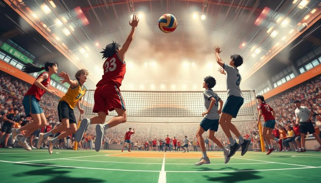 A vibrant and energetic scene of "Haikyu!!" characters in a dynamic volleyball match, captured with a wide-angle lens and dramatic lighting. The foreground features the players in mid-jump, their expressions intense as they reach for the ball, while the middle ground showcases the court, filled with spectators and the net in the center. The background blurs into a hazy, dynamic environment, with the court's lines and surrounding architectural elements adding depth and visual interest. The overall composition conveys the thrill and intensity of the game, reflecting the article's focus on optimizing prompts to capture the essence of "Haikyu!!" through AI-generated imagery.