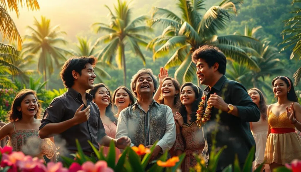 A vibrant and expressive scene of the iconic musical moments from the beloved film Encanto. In the foreground, the Madrigal family gathers together, their faces alight with joy and wonder as they sing and dance, their magical powers on full display. The middle ground features a lush, verdant backdrop of the enchanted Colombian landscape, with towering palm trees and colorful flora framing the celebratory scene. The lighting is warm and natural, casting a soft, ethereal glow over the entire composition. The camera angle is slightly elevated, allowing the viewer to fully immerse themselves in the energetic and captivating musical performance. The overall mood is one of celebration, family, and the powerful magic that permeates the world of Encanto.