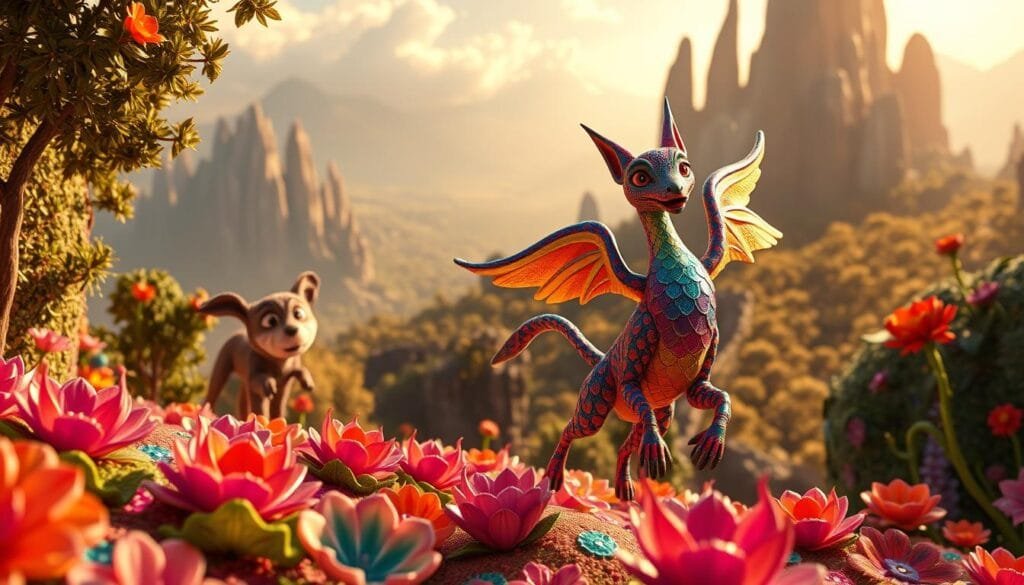 A vibrant and fantastical scene of Alebrijes Dante and Pepita, characters from the Pixar film Coco. In the foreground, Dante, a dog-like alebrije with a mischievous grin, is playfully chasing after Pepita, a winged, feline alebrije, against a lush, dreamlike backdrop. Pepita's iridescent scales shimmer as she gracefully soars, her wings creating a mesmerizing blur of motion. The middle ground features a kaleidoscope of colorful, whimsical flora, with intricate, patterned leaves and blooms. In the background, a towering, otherworldly landscape of rocky formations and distant mountains, bathed in a warm, golden light that casts a magical glow over the entire scene. An imaginative, vibrant, and fantastical image that captures the spirit and wonder of the Alebrijes from Coco.