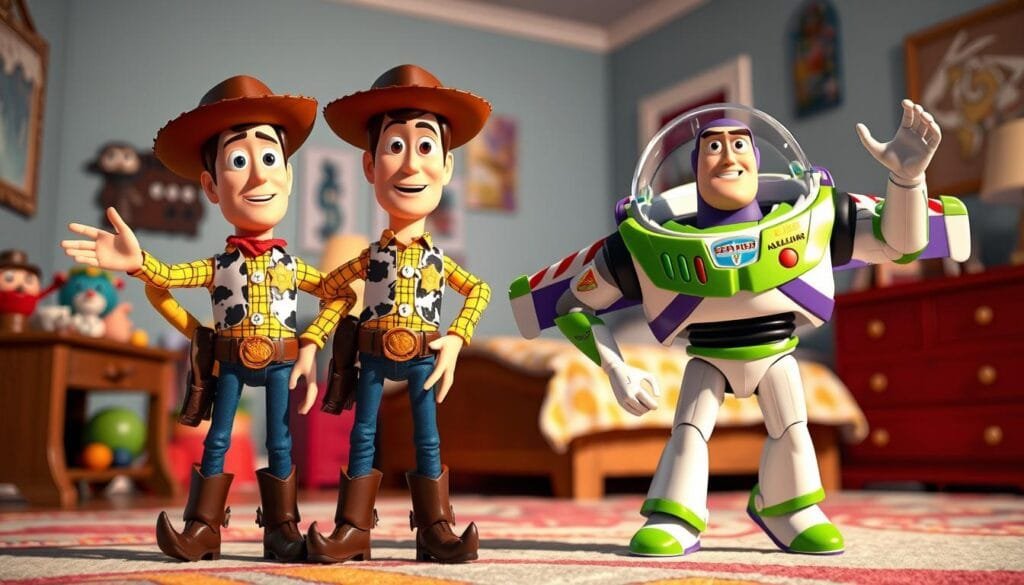 A vibrant and iconic scene from the Toy Story universe, featuring the beloved characters Woody, Buzz Lightyear, and the rest of the toy gang. The foreground showcases the toys frozen in their signature poses, with Woody's sheriff badge gleaming and Buzz's wings outstretched, as if mid-flight. The middle ground captures the familiar surroundings of Andy's room, with the bed, desk, and toy chest providing a sense of nostalgic familiarity. The background subtly blends the warm tones of the wooden furniture and the whimsical, childlike atmosphere, creating a sense of depth and immersion. The lighting is soft and natural, casting gentle shadows and highlights that accentuate the toys' distinct features and textures. The overall composition evokes a sense of wonder, adventure, and the enduring magic of the Toy Story franchise.