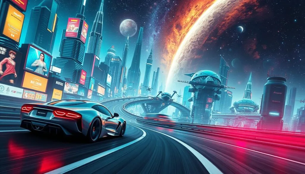 A vibrant and imaginative automotive universe, where sentient cars powered by advanced AI systems navigate a world of endless possibilities. In the foreground, a sleek sports car zooms through a winding, neon-tinged cityscape, its metallic body gleaming under the glow of holographic billboards and towering skyscrapers. In the middle ground, a bustling transportation hub teems with a diverse array of anthropomorphic vehicles, each with unique personalities and capabilities, working together to maintain the flow of this futuristic metropolis. In the background, the vast expanse of the cosmos unfolds, a tapestry of stars and nebulae serving as a vivid backdrop, hinting at the boundless horizons of this AI-driven automotive utopia. A vibrant and imaginative automotive universe, where sentient cars powered by advanced AI systems navigate a world of endless possibilities. In the foreground, a sleek sports car zooms through a winding, neon-tinged cityscape, its metallic body gleaming under the glow of holographic billboards and towering skyscrapers. In the middle ground, a bustling transportation hub teems with a diverse array of anthropomorphic vehicles, each with unique personalities and capabilities, working together to maintain the flow of this futuristic metropolis. In the background, the vast expanse of the cosmos unfolds, a tapestry of stars and nebulae serving as a vivid backdrop, hinting at the boundless horizons of this AI-driven automotive utopia.