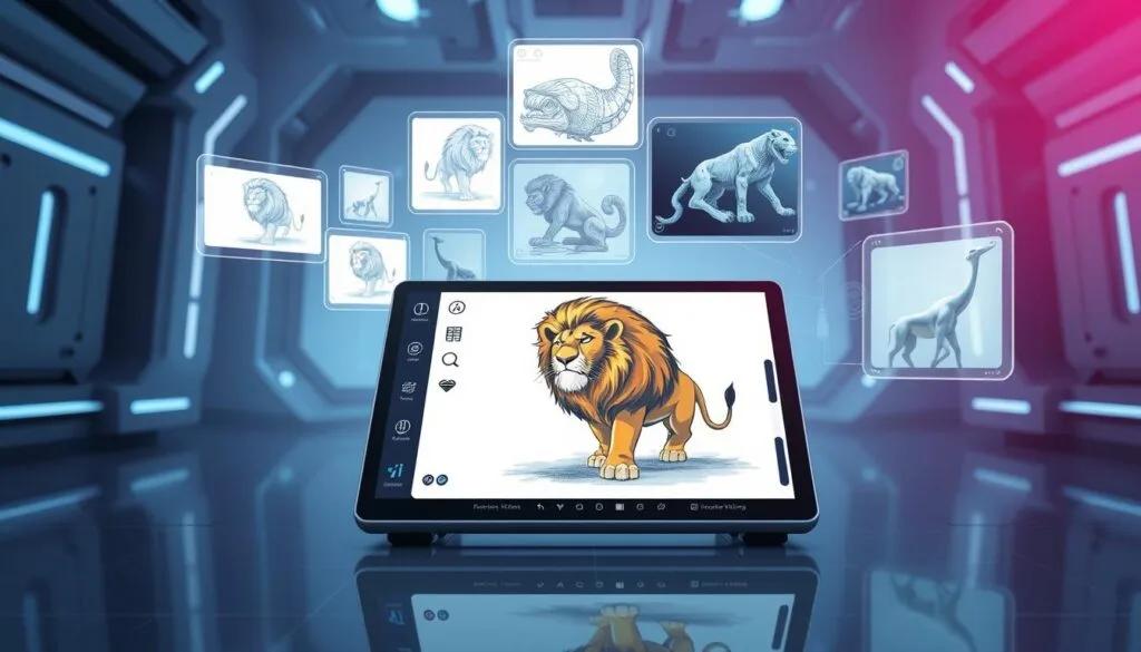 A vibrant and imaginative digital artwork depicting various AI-powered art generation tools and interfaces. In the foreground, a sleek and modern tablet or touchscreen displays a digital canvas with a detailed illustration of a majestic lion, the central character from "The Lion King." Surrounding the digital canvas are a collection of specialized AI icons, sliders, and control panels, representing the different tools and settings used to generate and refine the artwork. In the middle ground, a collection of floating, holographic-like windows showcase additional AI-generated imagery, ranging from concept sketches to photorealistic renderings. The background is a futuristic, tech-inspired environment, with a minimalist color palette of blues, grays, and whites, conveying a sense of innovation and advanced technology. The overall scene exudes a sense of creativity, experimentation, and the power of AI-driven art generation. A vibrant and imaginative digital artwork depicting various AI-powered art generation tools and interfaces. In the foreground, a sleek and modern tablet or touchscreen displays a digital canvas with a detailed illustration of a majestic lion, the central character from "The Lion King." Surrounding the digital canvas are a collection of specialized AI icons, sliders, and control panels, representing the different tools and settings used to generate and refine the artwork. In the middle ground, a collection of floating, holographic-like windows showcase additional AI-generated imagery, ranging from concept sketches to photorealistic renderings. The background is a futuristic, tech-inspired environment, with a minimalist color palette of blues, grays, and whites, conveying a sense of innovation and advanced technology. The overall scene exudes a sense of creativity, experimentation, and the power of AI-driven art generation.