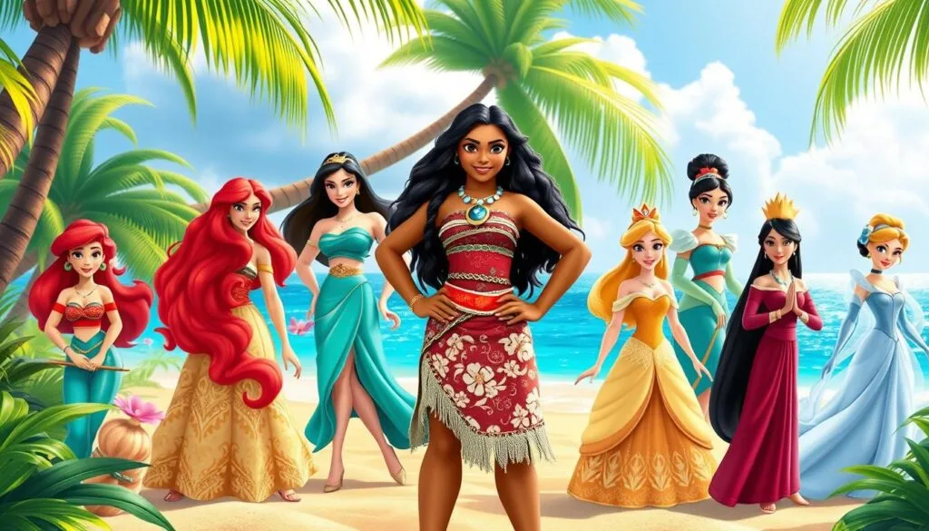A vibrant and joyful scene featuring Moana, the adventurous Polynesian princess, standing amidst a group of beloved Disney princesses. Moana, with her confident stance and determined expression, is surrounded by the iconic figures of Ariel, Belle, Jasmine, Mulan, and Cinderella, each beautifully rendered in a lush, tropical setting. The foreground is dominated by Moana's striking presence, while the middle ground showcases the other princesses in a harmonious arrangement, their colorful gowns and distinct features creating a visually captivating ensemble. The background depicts a stunning, sun-dappled beach with swaying palm trees and a shimmering ocean, setting the scene for this enchanting gathering of Disney's most beloved characters. A vibrant and joyful scene featuring Moana, the adventurous Polynesian princess, standing amidst a group of beloved Disney princesses. Moana, with her confident stance and determined expression, is surrounded by the iconic figures of Ariel, Belle, Jasmine, Mulan, and Cinderella, each beautifully rendered in a lush, tropical setting. The foreground is dominated by Moana's striking presence, while the middle ground showcases the other princesses in a harmonious arrangement, their colorful gowns and distinct features creating a visually captivating ensemble. The background depicts a stunning, sun-dappled beach with swaying palm trees and a shimmering ocean, setting the scene for this enchanting gathering of Disney's most beloved characters.
