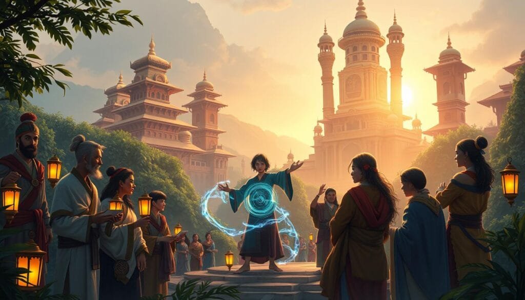 A vibrant and mystical scene of Sumeru's diverse cast of characters, set against the lush, verdant backdrop of the Akademiya. In the foreground, a group of scholars and researchers in traditional Sumeru garb, deep in discussion, their faces illuminated by the warm glow of lanterns. In the middle ground, a student in flowing robes practices elemental magic, weaving intricate patterns of energy. In the background, the towering, ancient structures of the Akademiya rise up, their ornate architecture bathed in the soft, diffused light of the setting sun. The atmosphere is one of intellectual curiosity, cultural richness, and a hint of the supernatural, capturing the essence of Sumeru and its people.